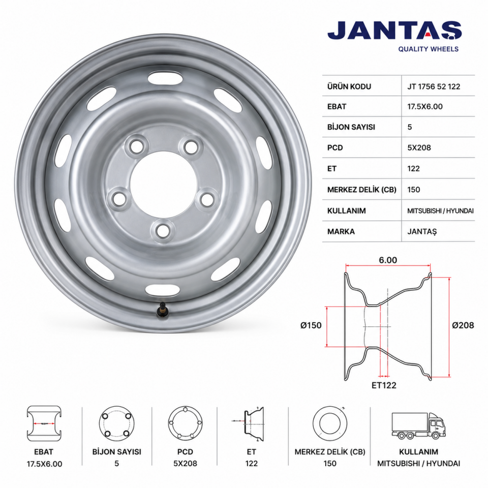 17.5X6.00 5X208 ET122 CB150 MITSUBISHI/HYUNDAI